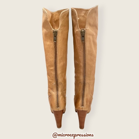 $399 Frye Miranda Back Zip Tan Distressed Heeled Fold Over Knee High Tall Boot - Picture 6 of 12